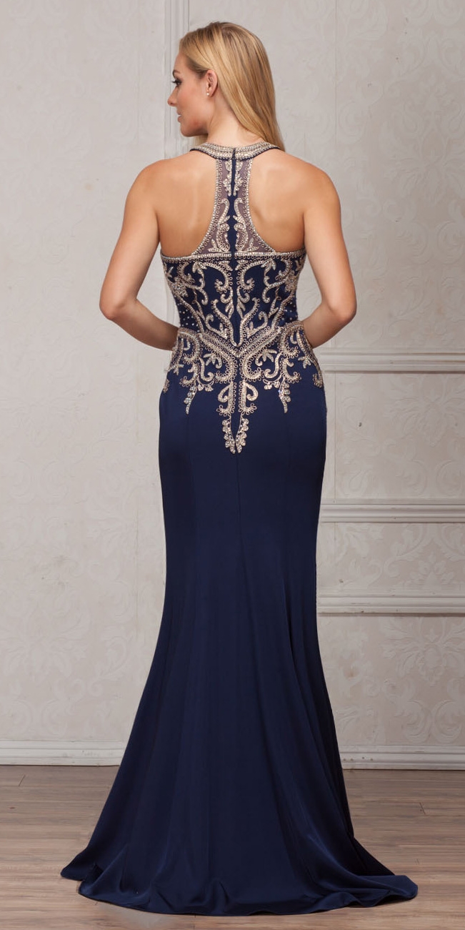 Round Collar Neck Embellished Bodice Long Prom Pageant Dress — back