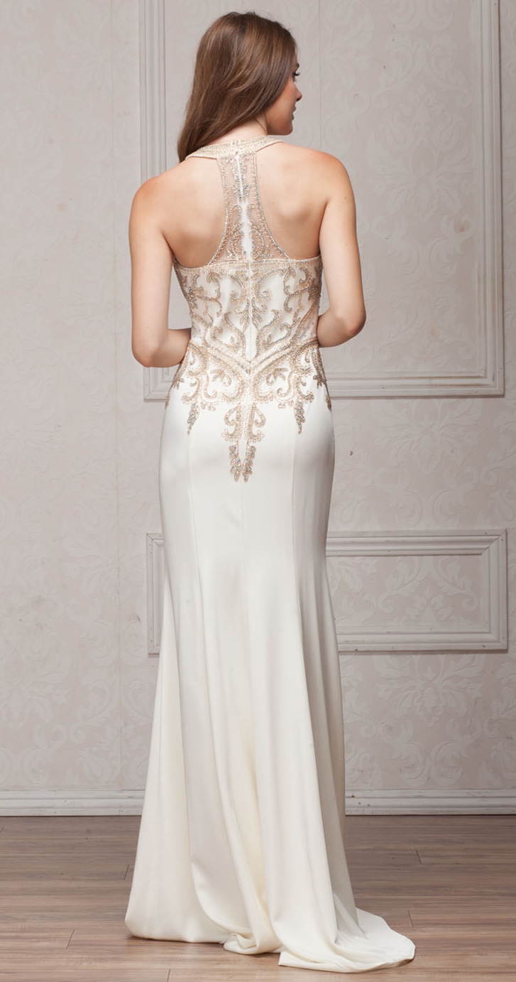 Round Collar Neck Embellished Bodice Long Prom Pageant Dress — back in Off White