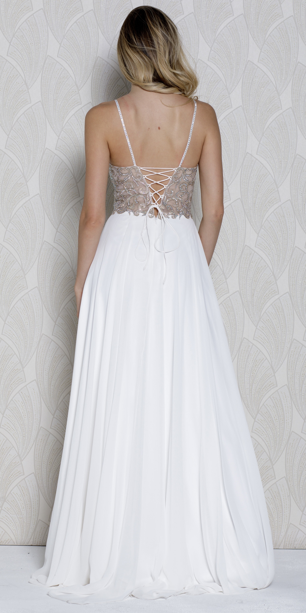 V-neck Beaded Lace Bodice Long Formal Prom Dress — back