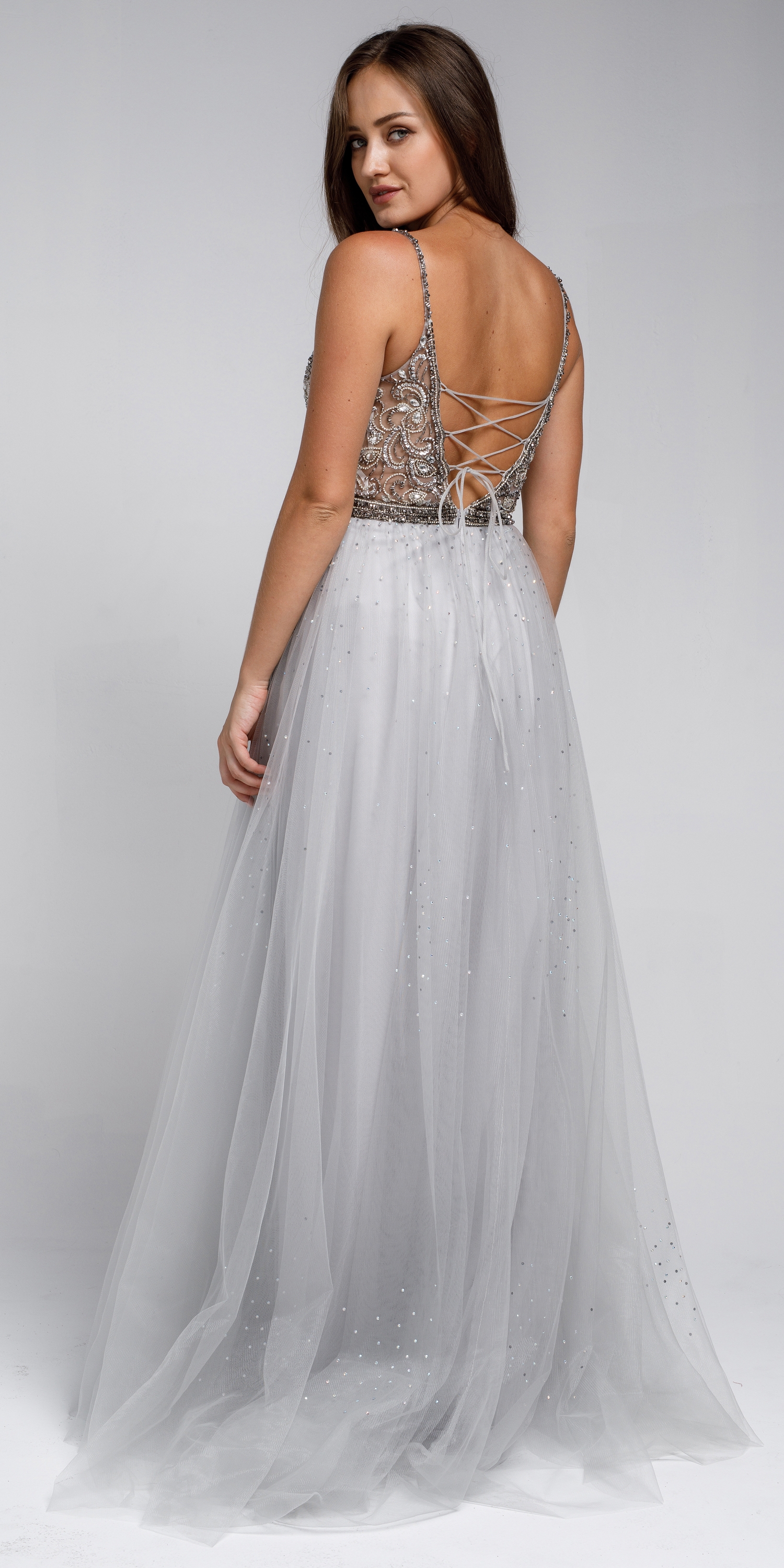 Beaded Spaghetti Prom Gown with Tulle Skirt — back