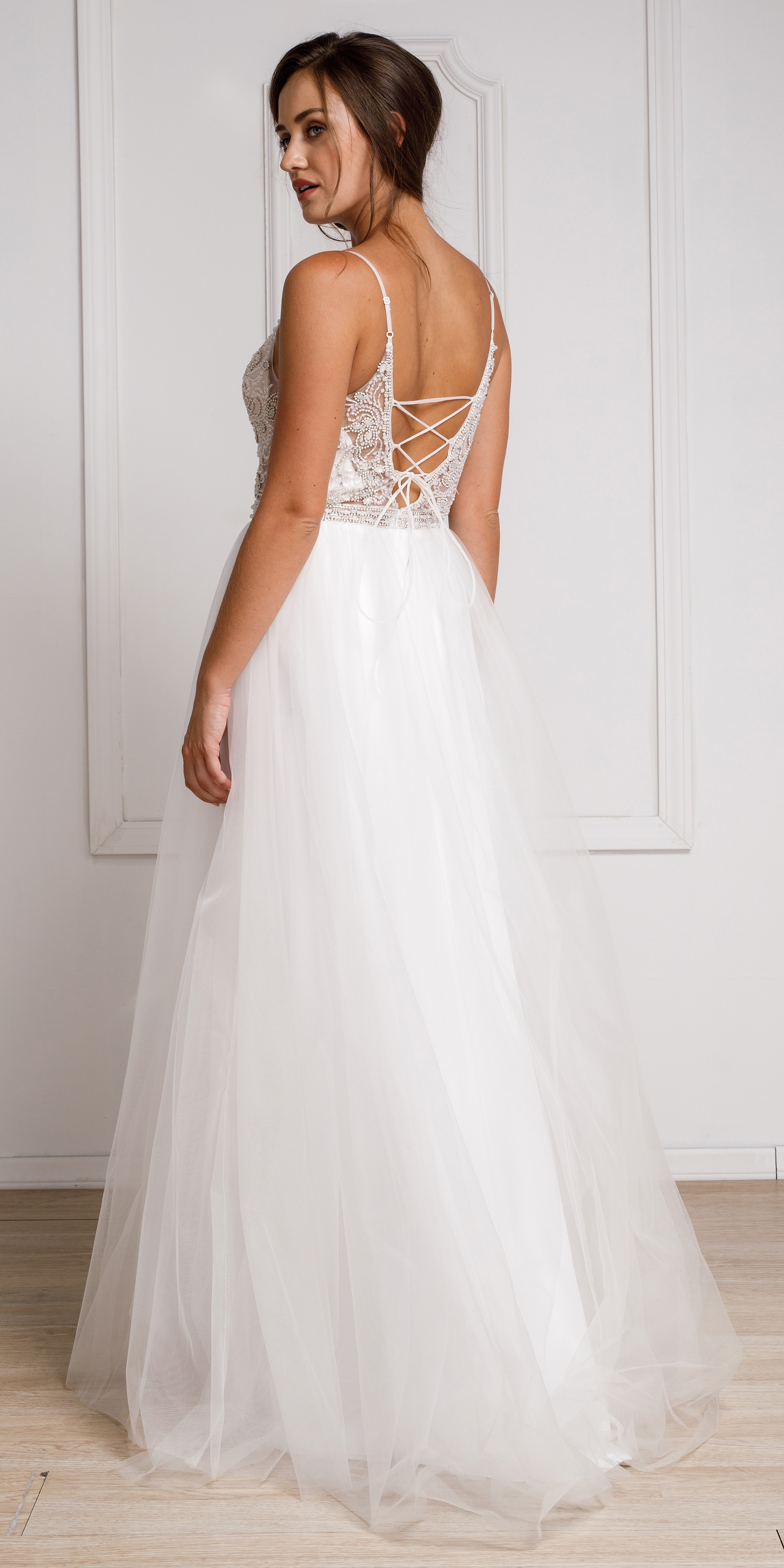 Beaded Spaghetti Prom Gown with Tulle Skirt — back in White