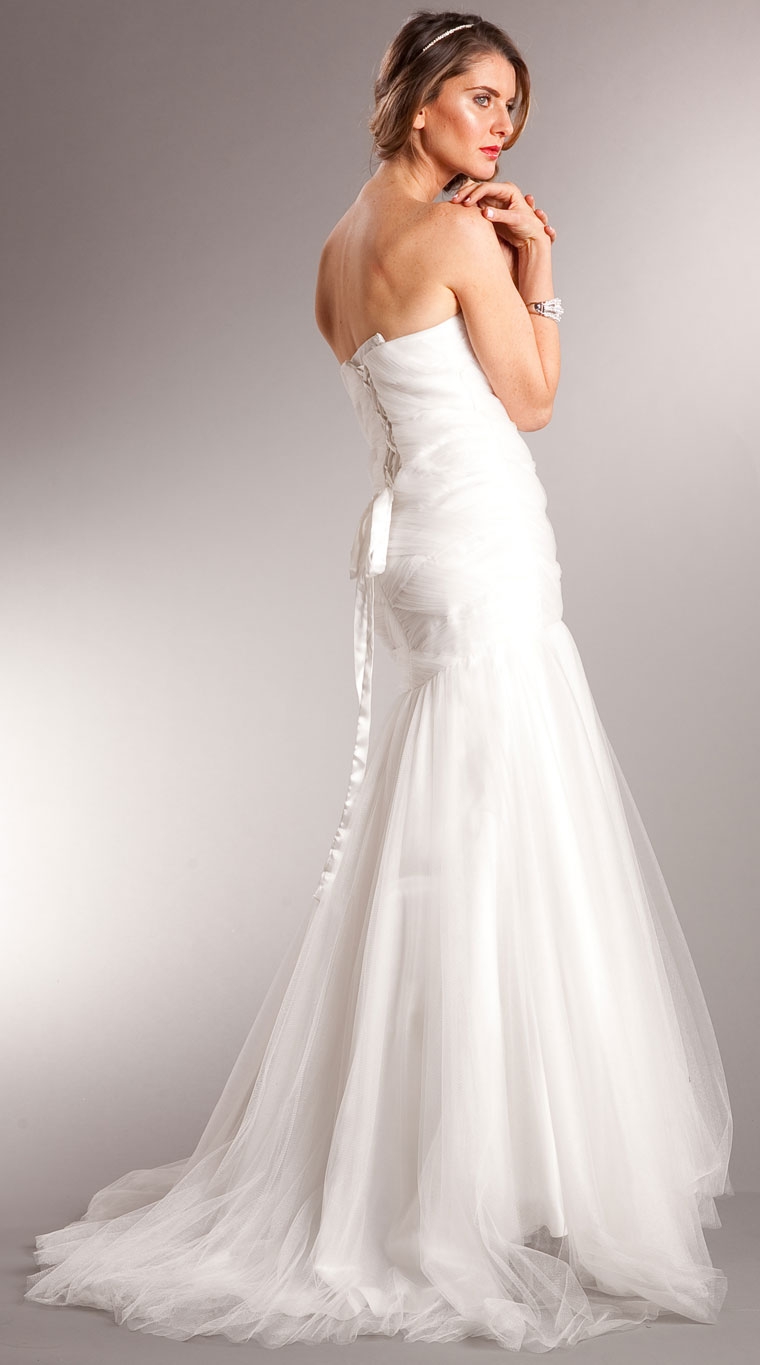 Strapless Mermaid Like Long Prom Dress in Tulle with Train — back in Off White