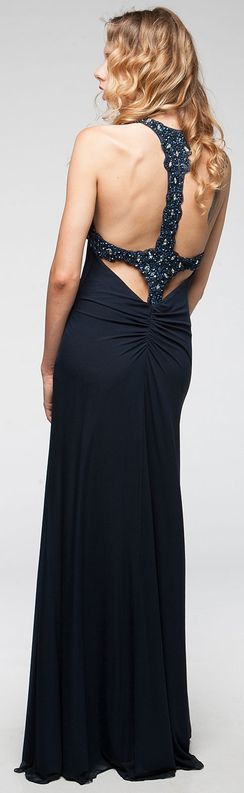 Plunging Neckline Formal Prom Dress with Bejeweled Back — back in Navy