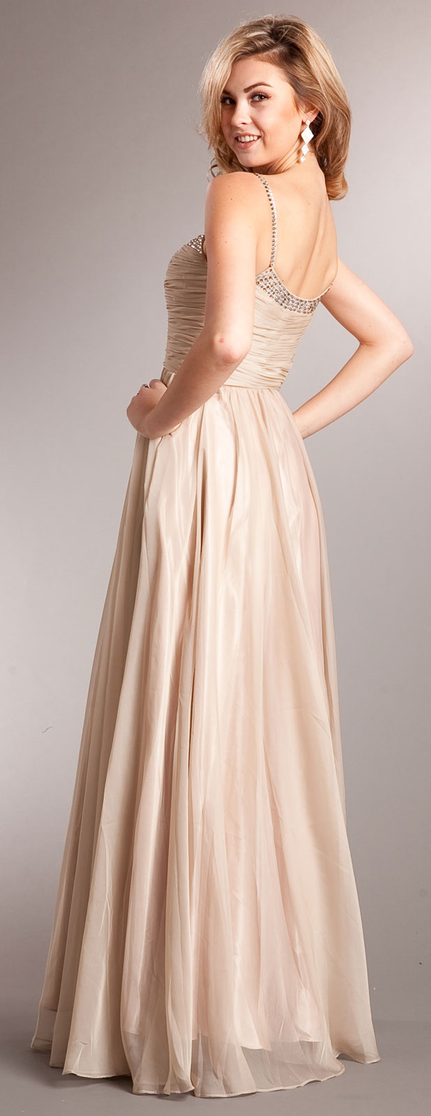 Shirred Bust Long Formal Bridesmaid Dress with Rhinestones — back