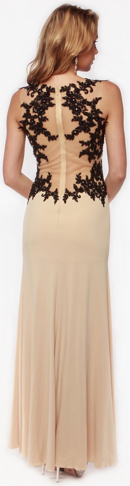 Floral Lace Bodice Long Formal Prom Dress with Mesh Back — back
