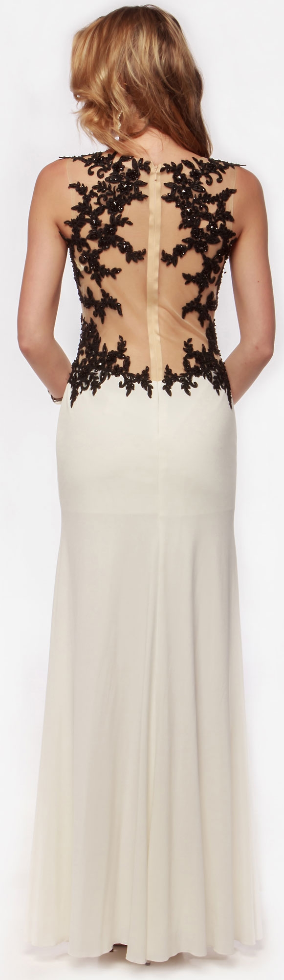 Floral Lace Bodice Long Formal Prom Dress with Mesh Back — back in Off White