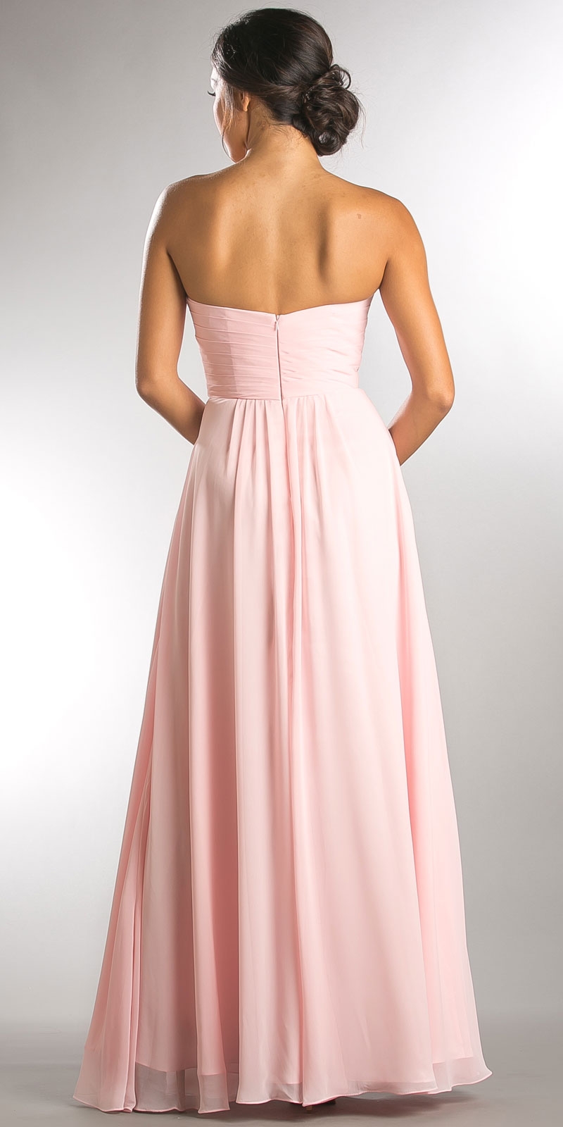 Strapless Pleated Overlap Bust Long Bridesmaid Dress — back in Blush