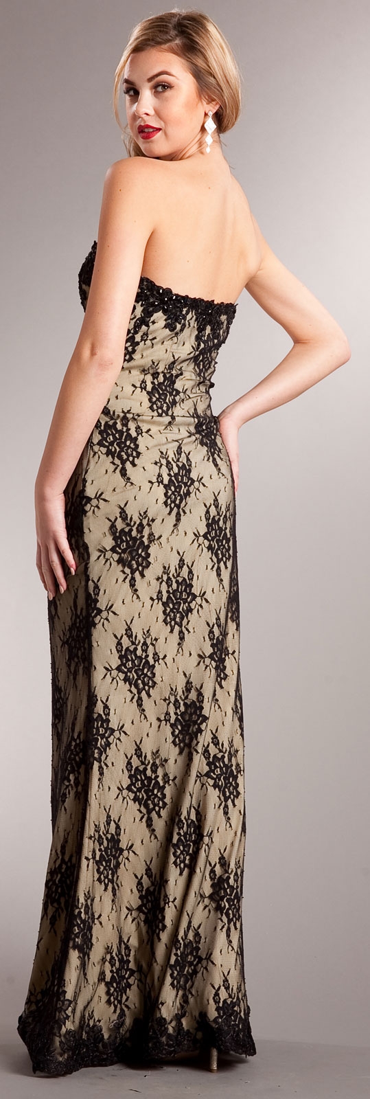 Strapless Floral Mesh Beaded Long Formal Evening Dress  — back
