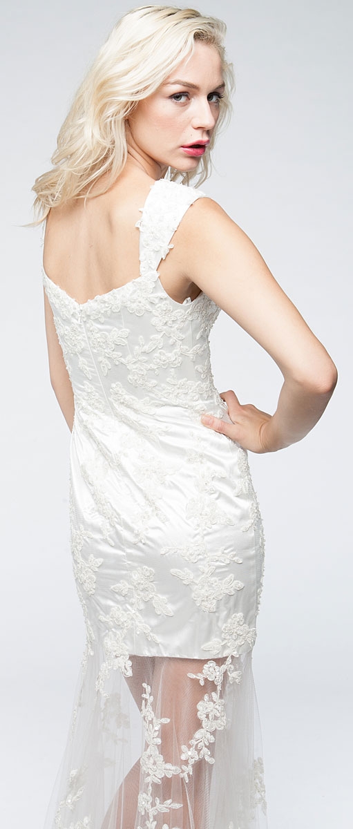 Romantic Full Length Floral Tulle Overlay Prom Dress  — back in Off White