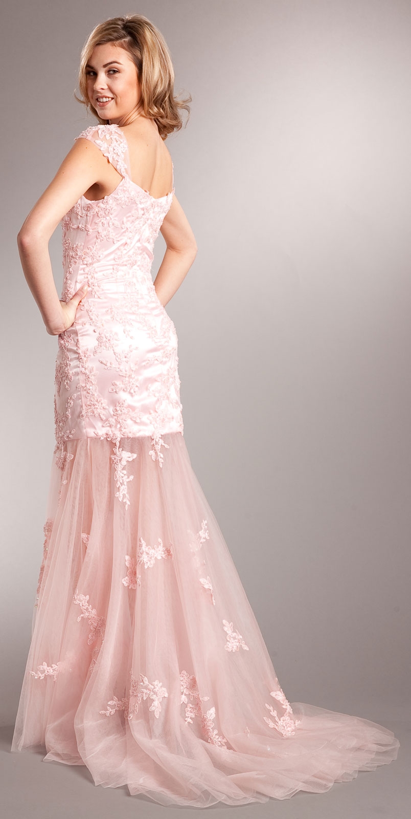 Romantic Full Length Floral Tulle Overlay Prom Dress  — back