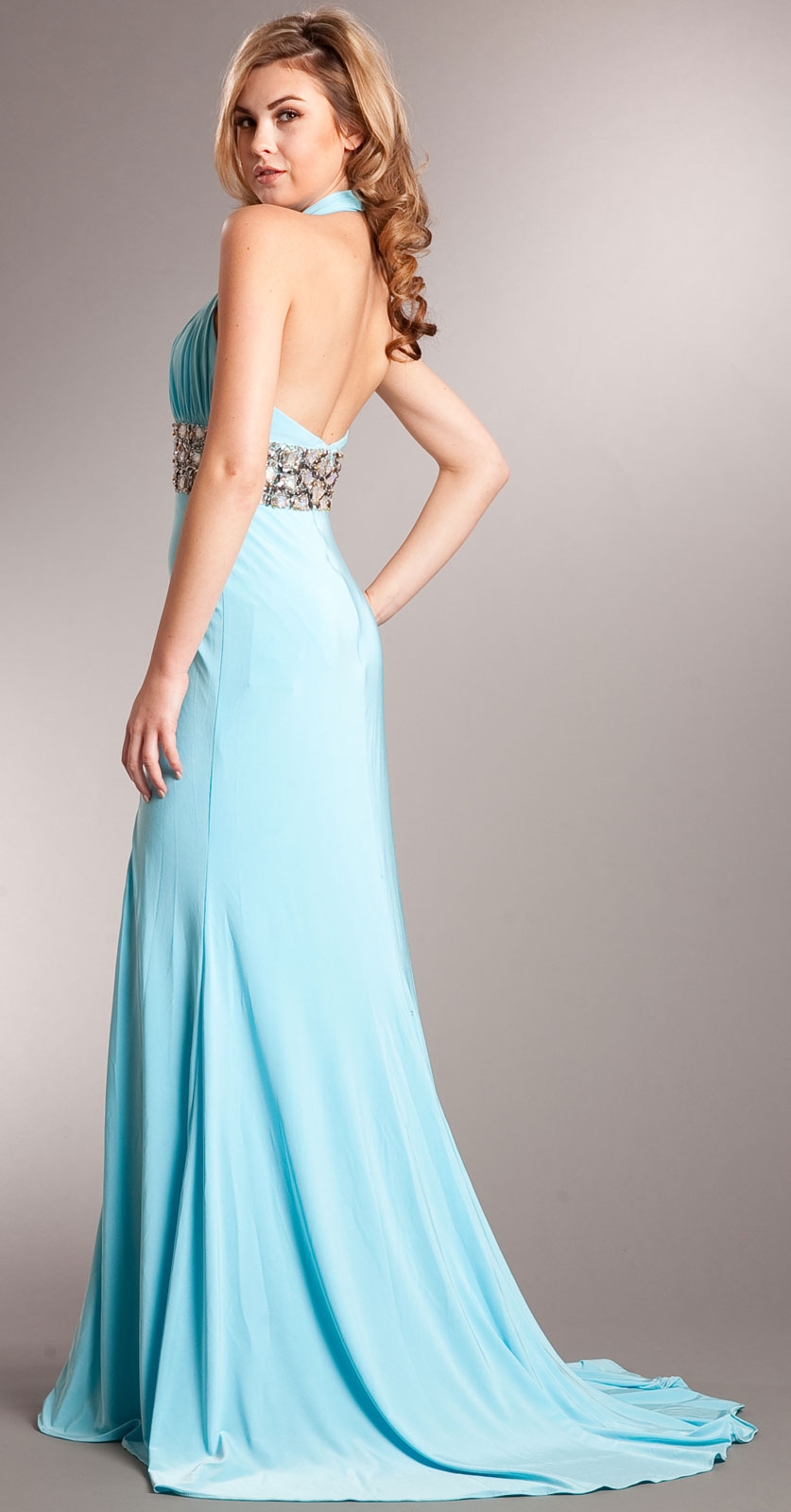 Halter Neck Full Length Formal Prom Gown with Front Slit — back
