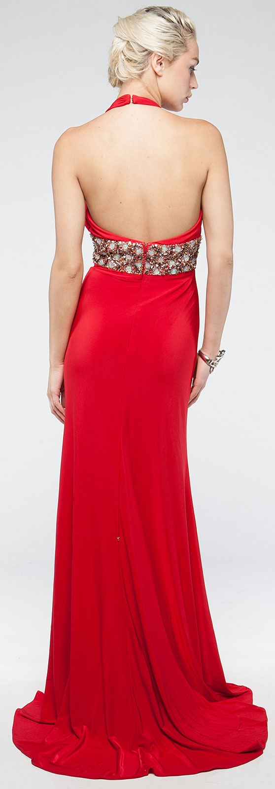 Halter Neck Full Length Formal Prom Gown with Front Slit — back in Red