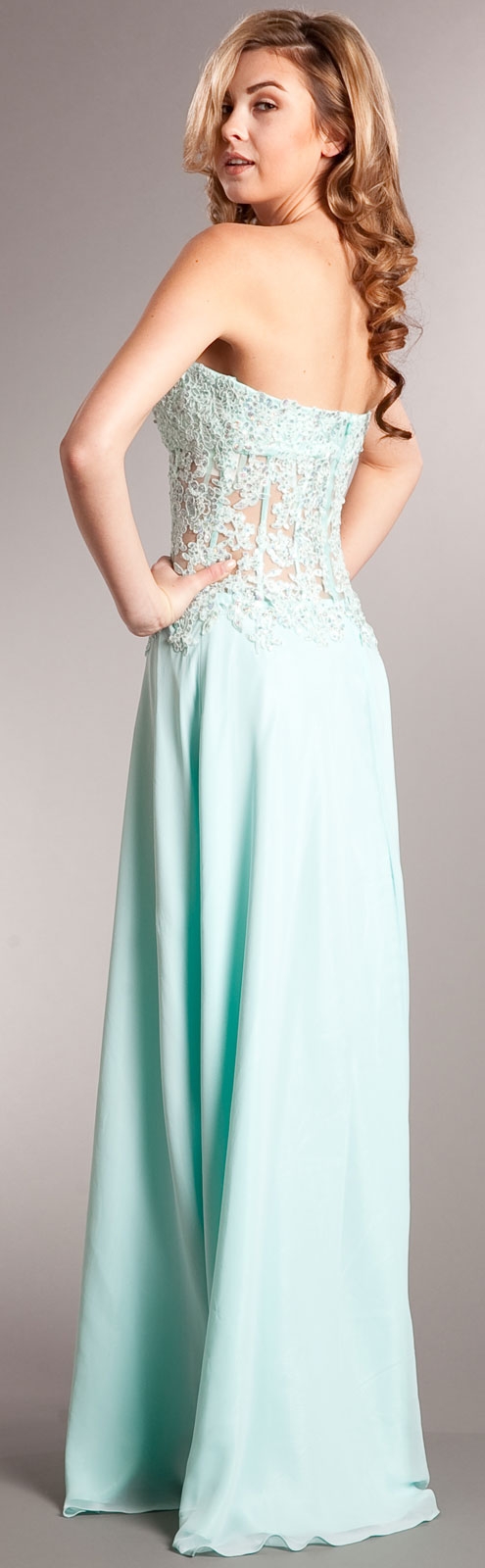 Strapless Vintage Look Floral Bodice Long Formal Prom Dress — back