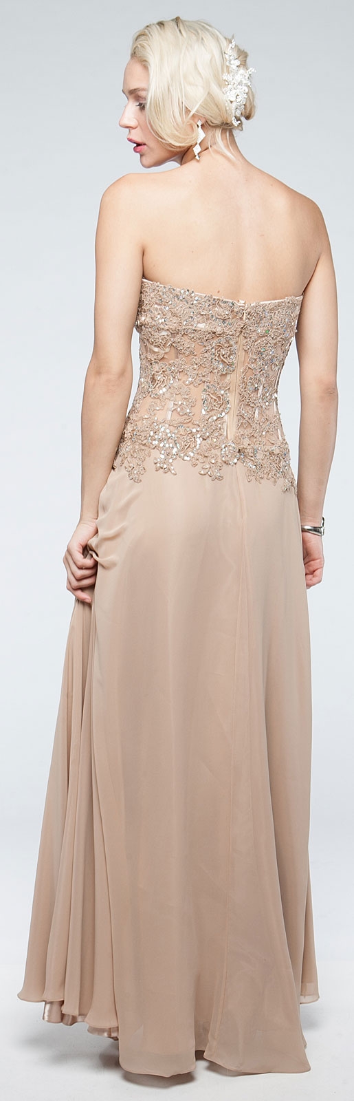 Strapless Vintage Look Floral Bodice Long Formal Prom Dress — back in Champaign