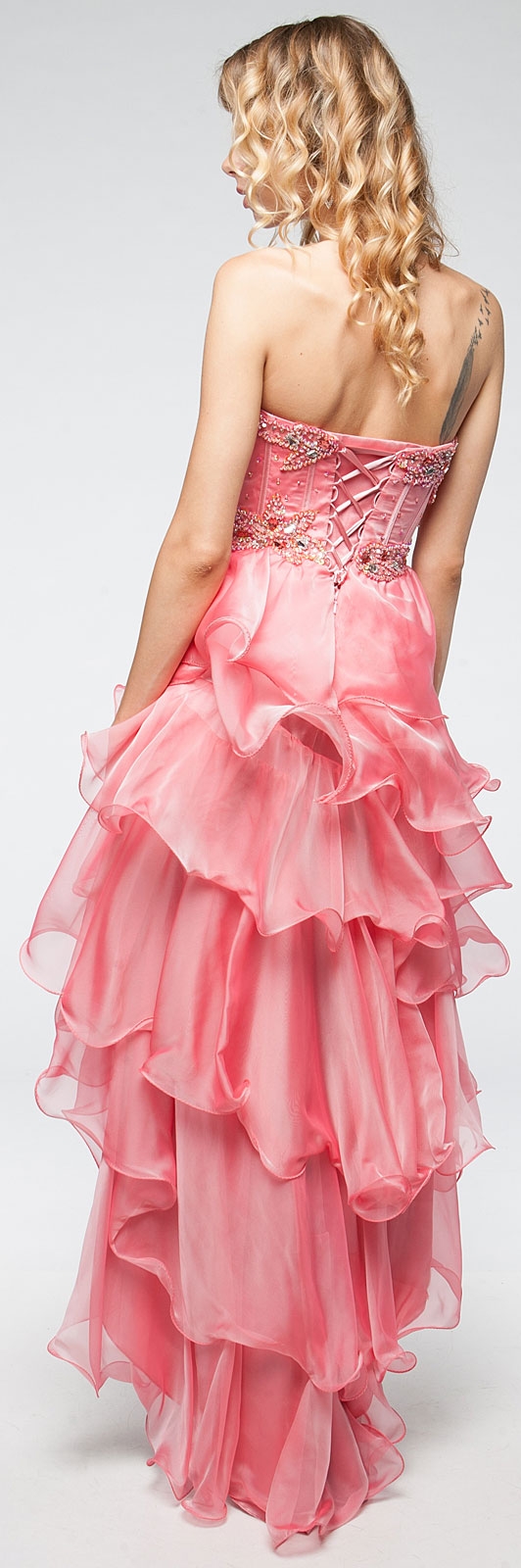 Strapless High-Low Cocktail Prom Dress with Ruffled Skirt — back in Coral