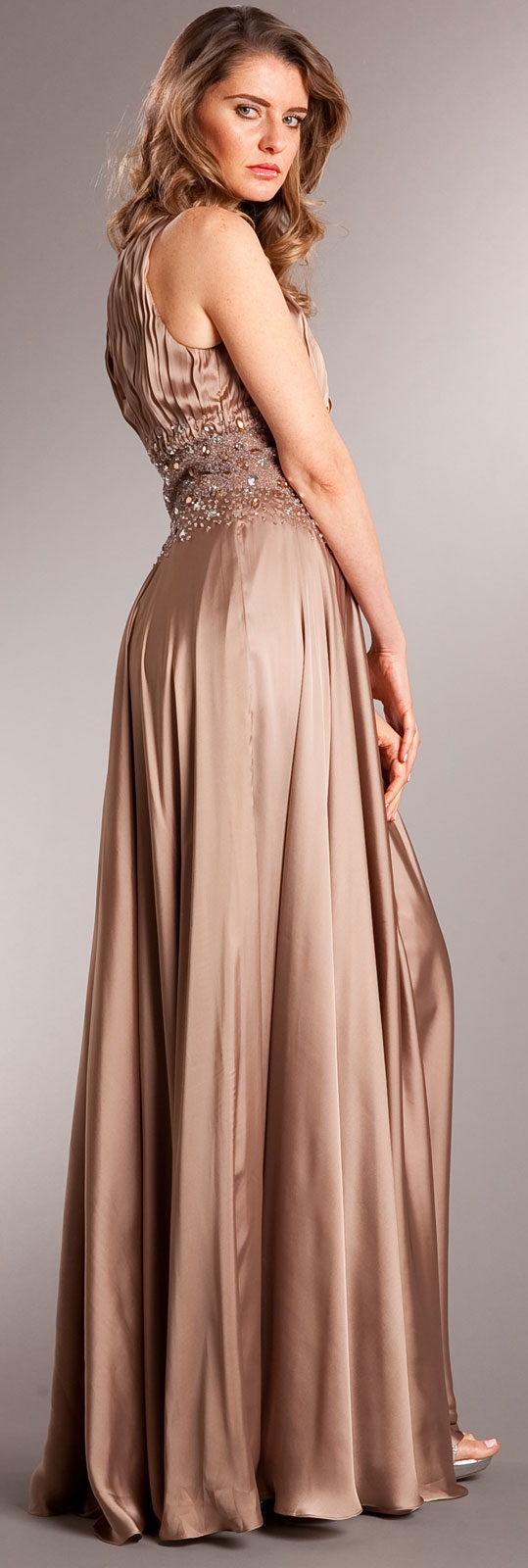 Ruched Bust Beaded Empire Cut Long Formal Prom Dress — back