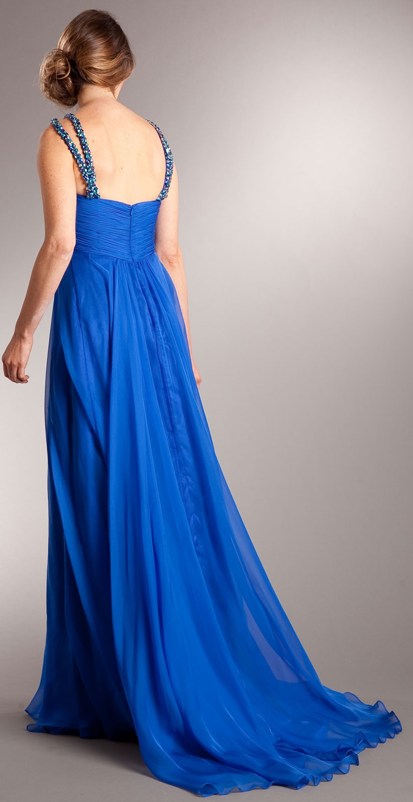 Bejeweled Straps Shirred Long Formal Evening Prom Dress — back
