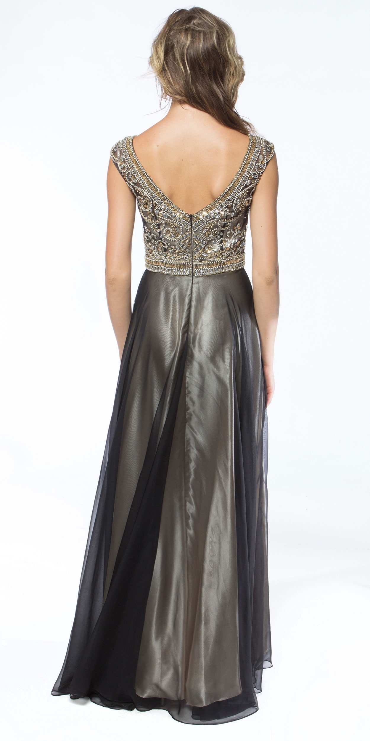 Boat Neck Rhinestones Top Long Evening Prom Dress — back