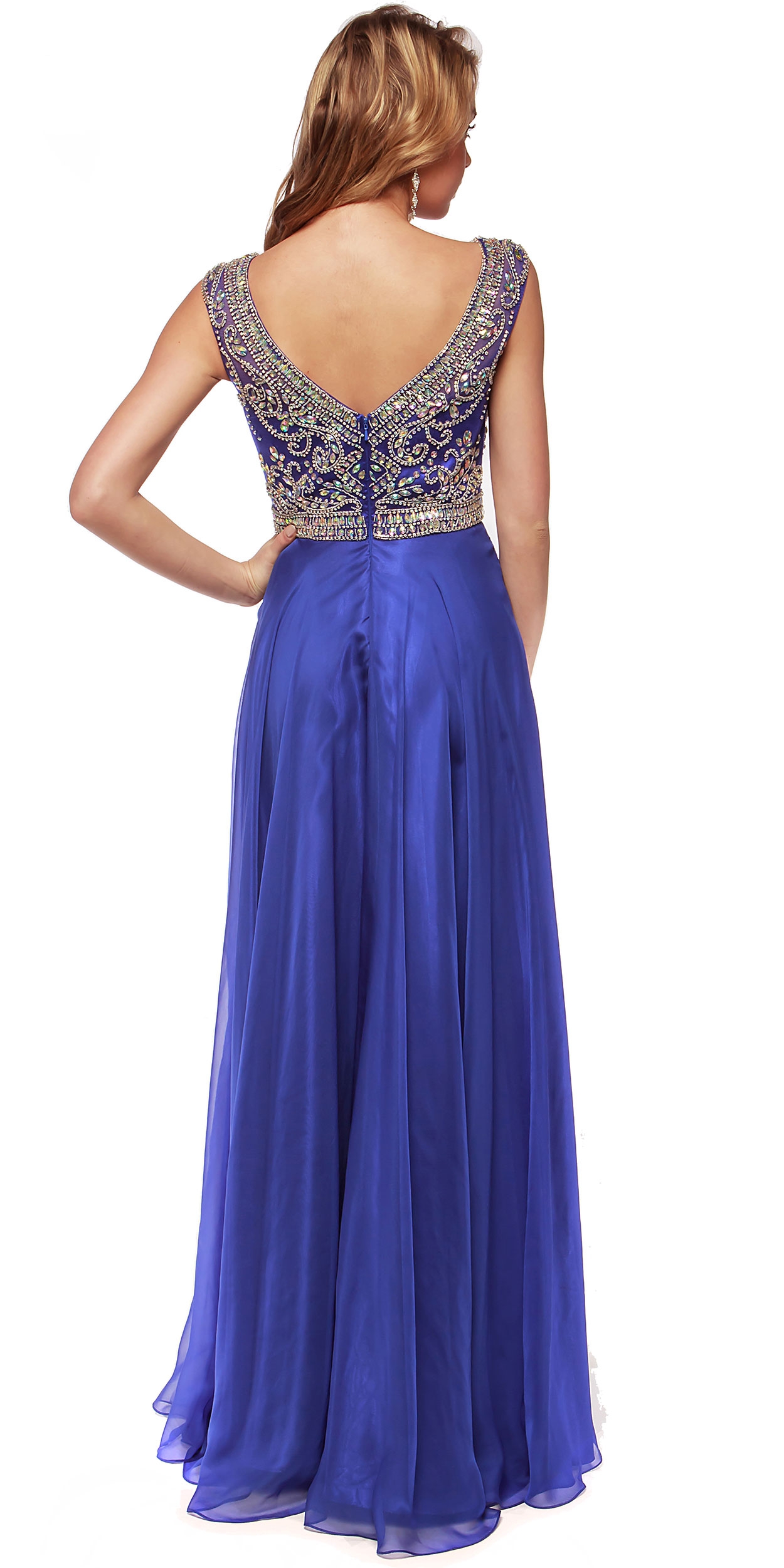 Boat Neck Rhinestones Top Long Evening Prom Dress — back in Royal Blue