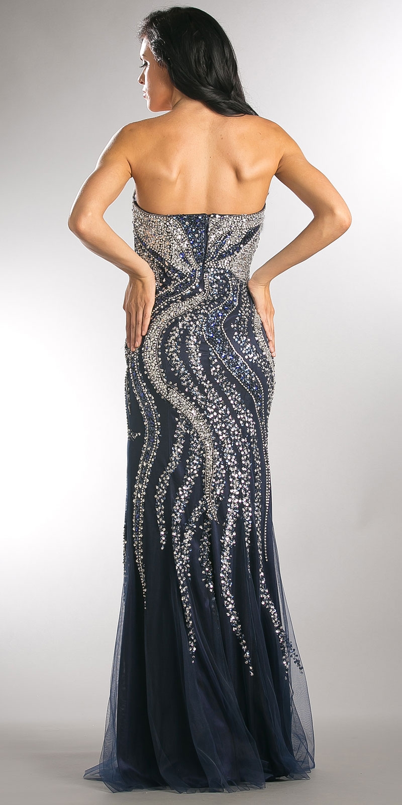 Strapless Bejeweled Bodice Mesh Long Formal Prom Dress — back