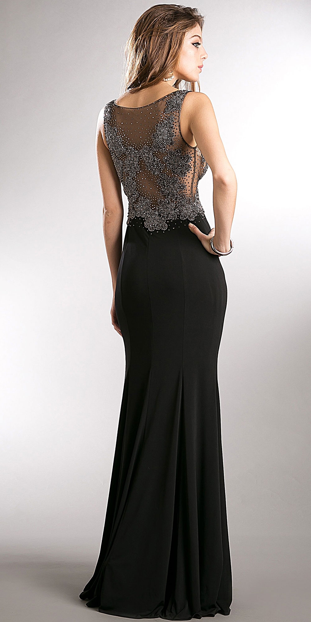 V-neck Beaded Bodice Fitted Long Formal Prom Dress — back in Black