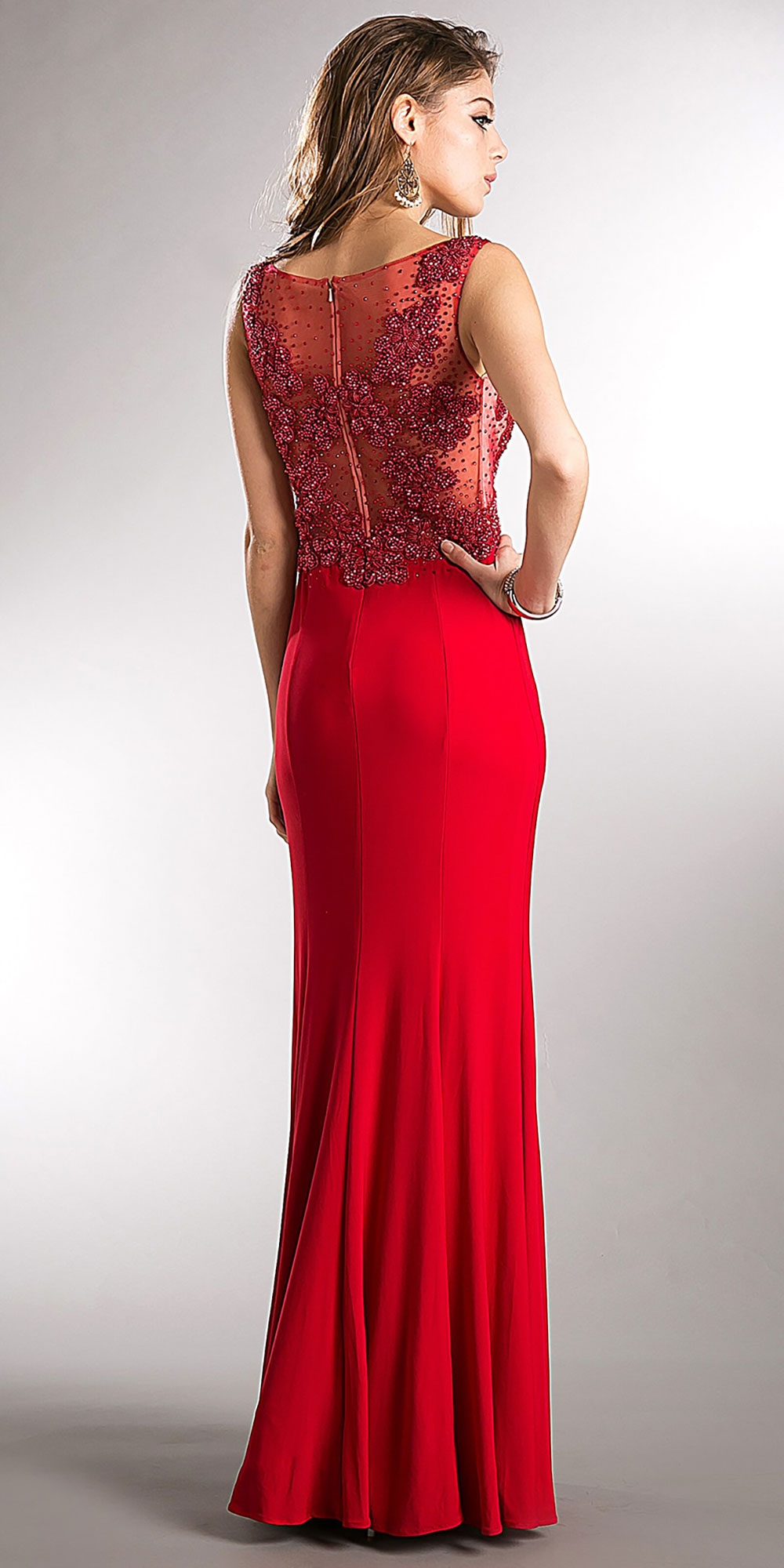 V-neck Beaded Bodice Fitted Long Formal Prom Dress — back