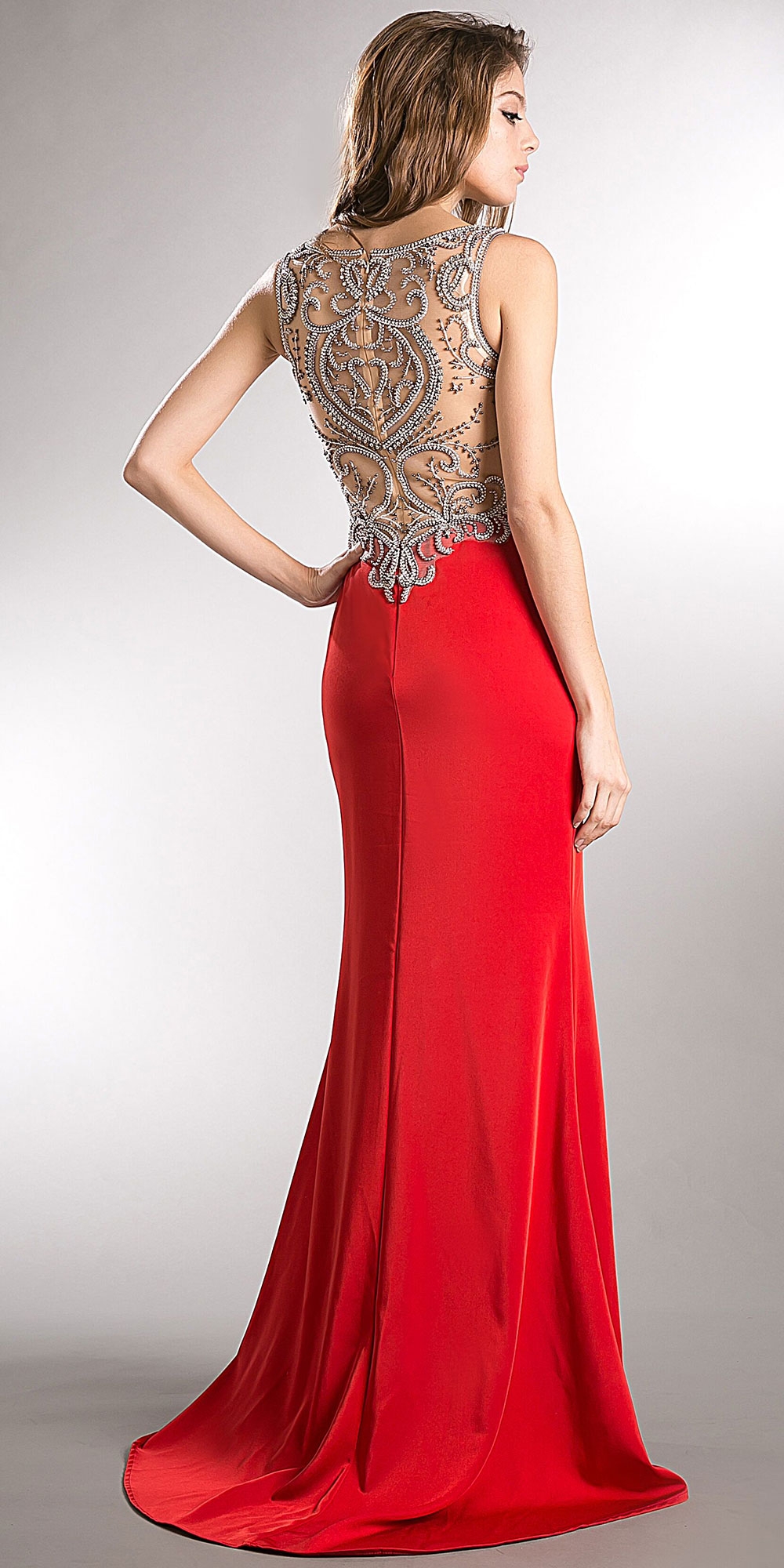Bejeweled Bust & Back Floor Length Prom Pageant Dress — back in Red