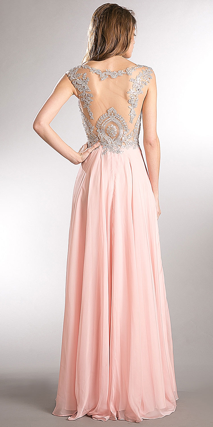 Beaded Brocade Lace Mesh Top Long Formal Prom Dress — back in Blush