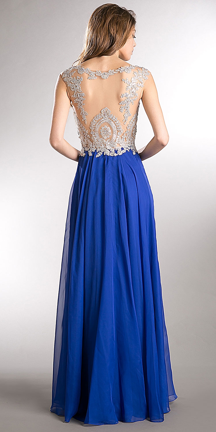 Beaded Brocade Lace Mesh Top Long Formal Prom Dress — back