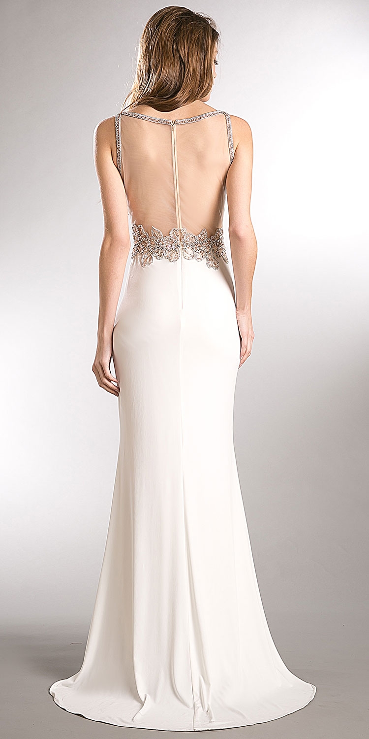 Sparkling Beaded Mesh Top Sheer Back Long Prom Pageant Dress — back