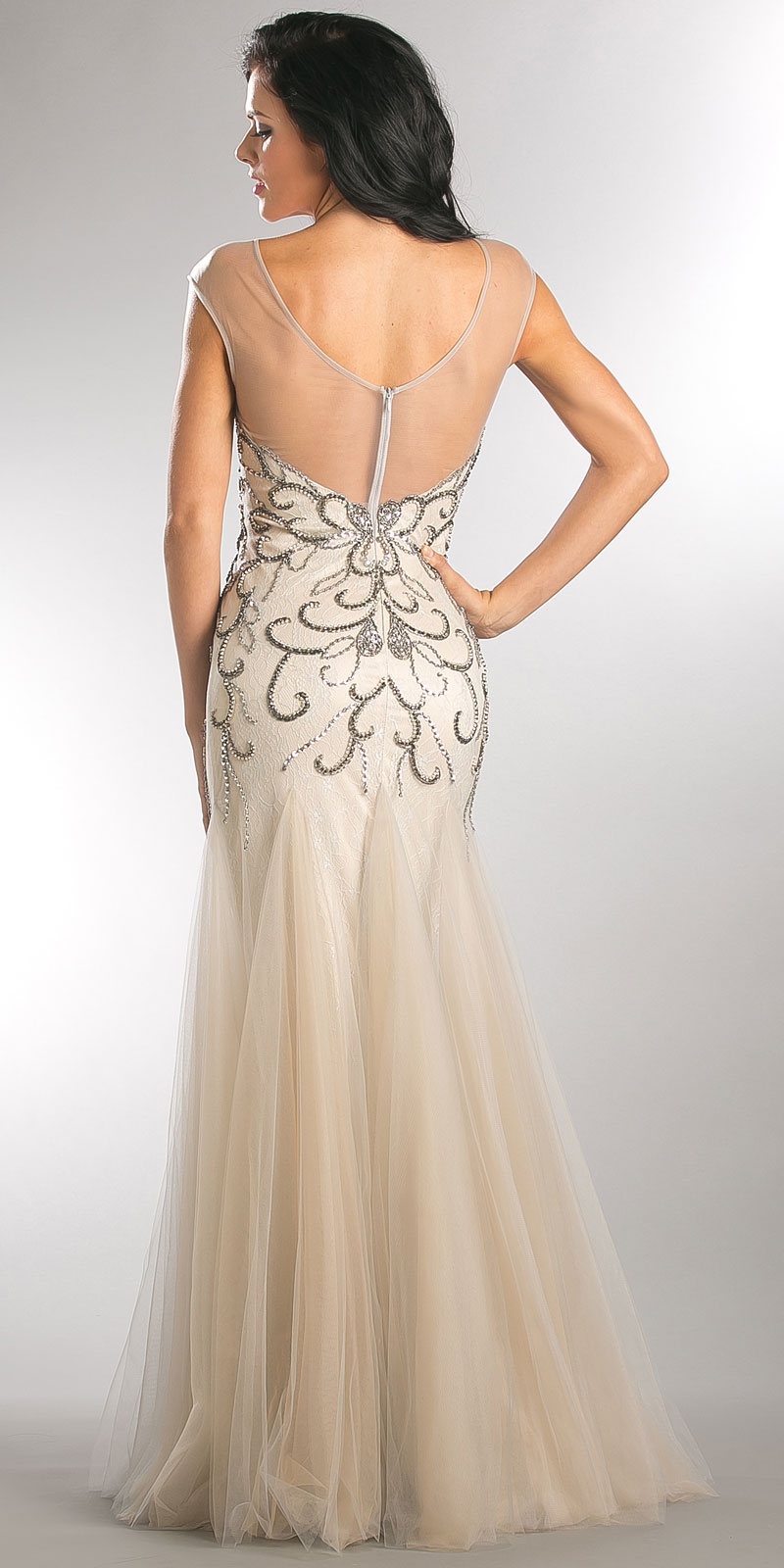 Beaded Mesh Tulle Mermaid Style Long Prom Pageant Dress — back
