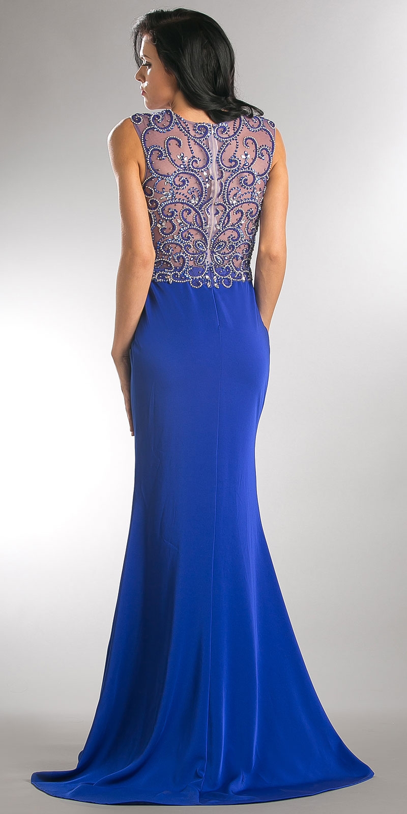 Elegant Beaded Sheer Bodice Long Prom Pageant Dress — back