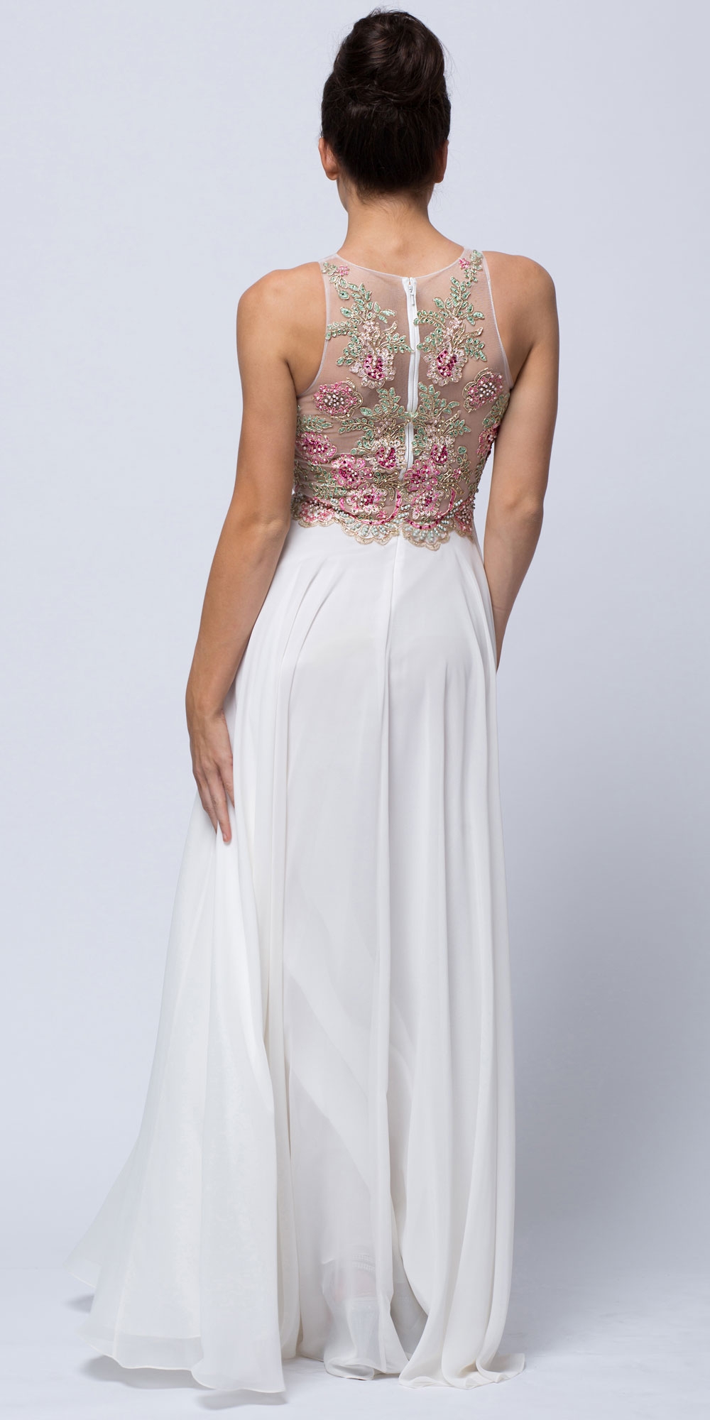 Sleeveless Floral Accent Beaded Top Long Prom Dress — back in Ivory/Pink
