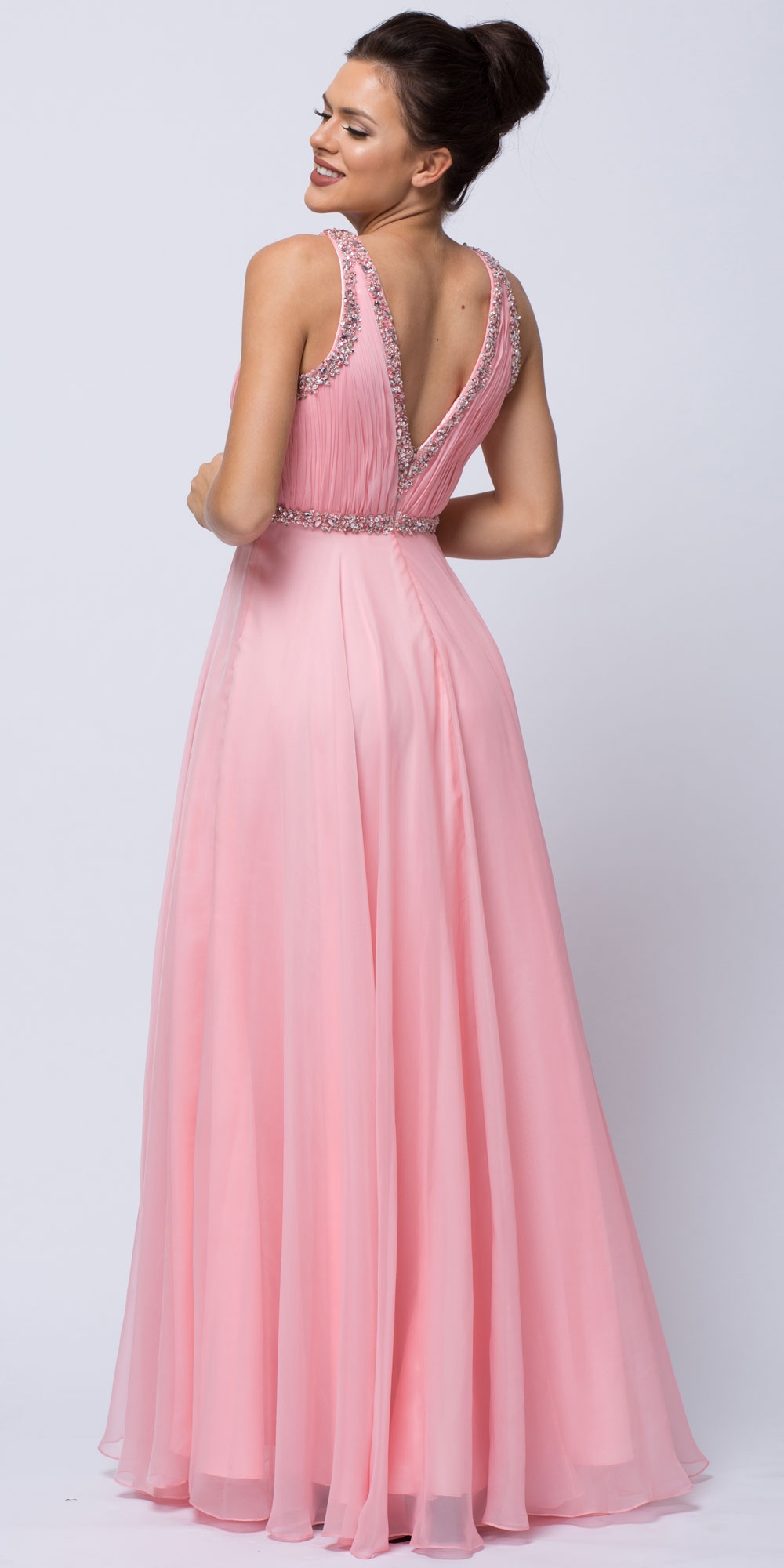 Sequined Shirred Bodice A-line Chiffon Long Prom Dress — back