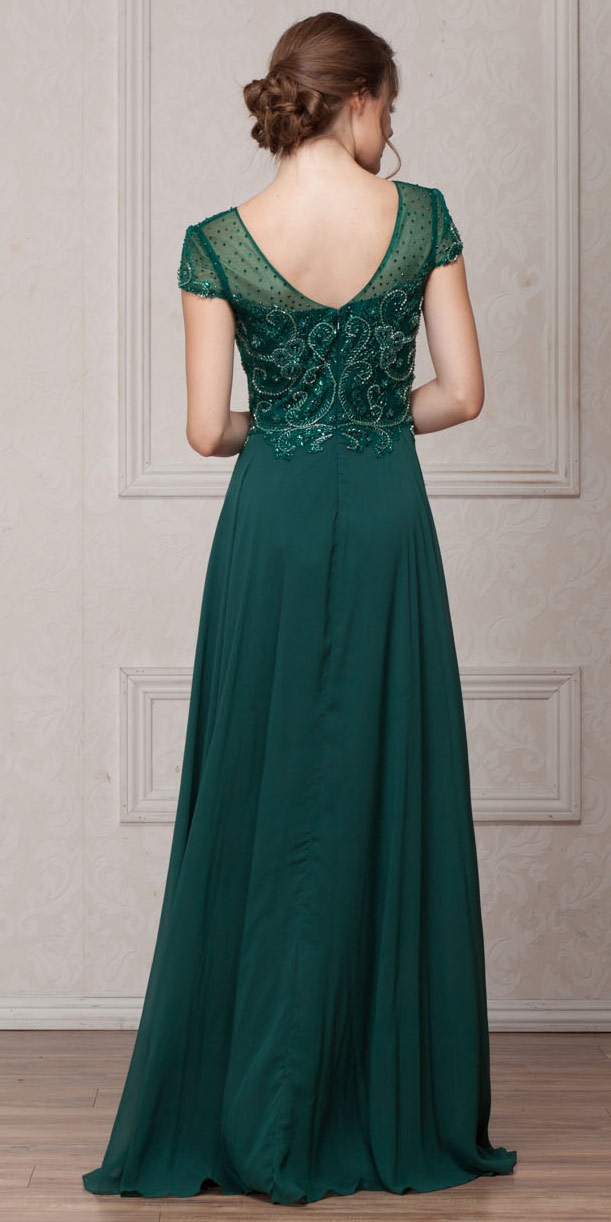 Short Sleeves V-Neck Sequined Bust Long Formal Evening Dress — back