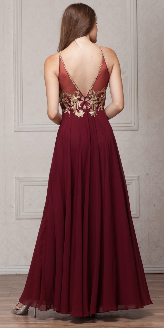 Gold Accent Keyhole Mesh Bust Long Formal Evening Dress — back