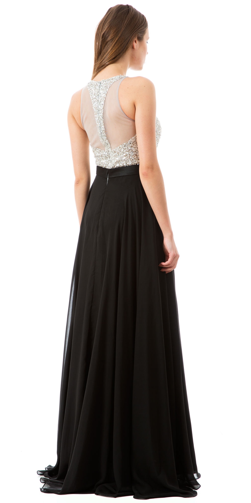 Jewel Bodice Chiffon Skirt Long Formal Prom Dress — back