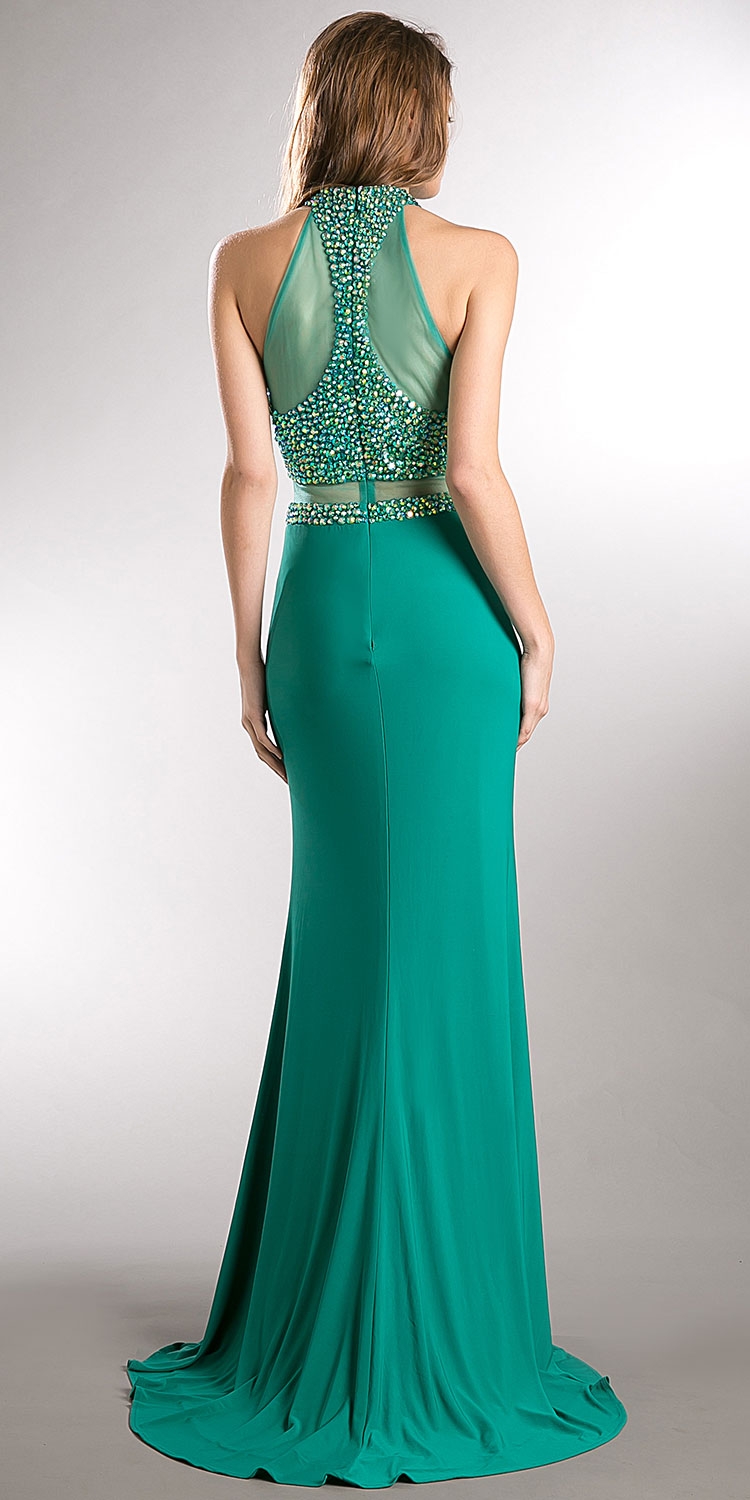 High Neck Jewel Top Jersey Skirt Long Prom Pageant Dress — back in Emerald Green