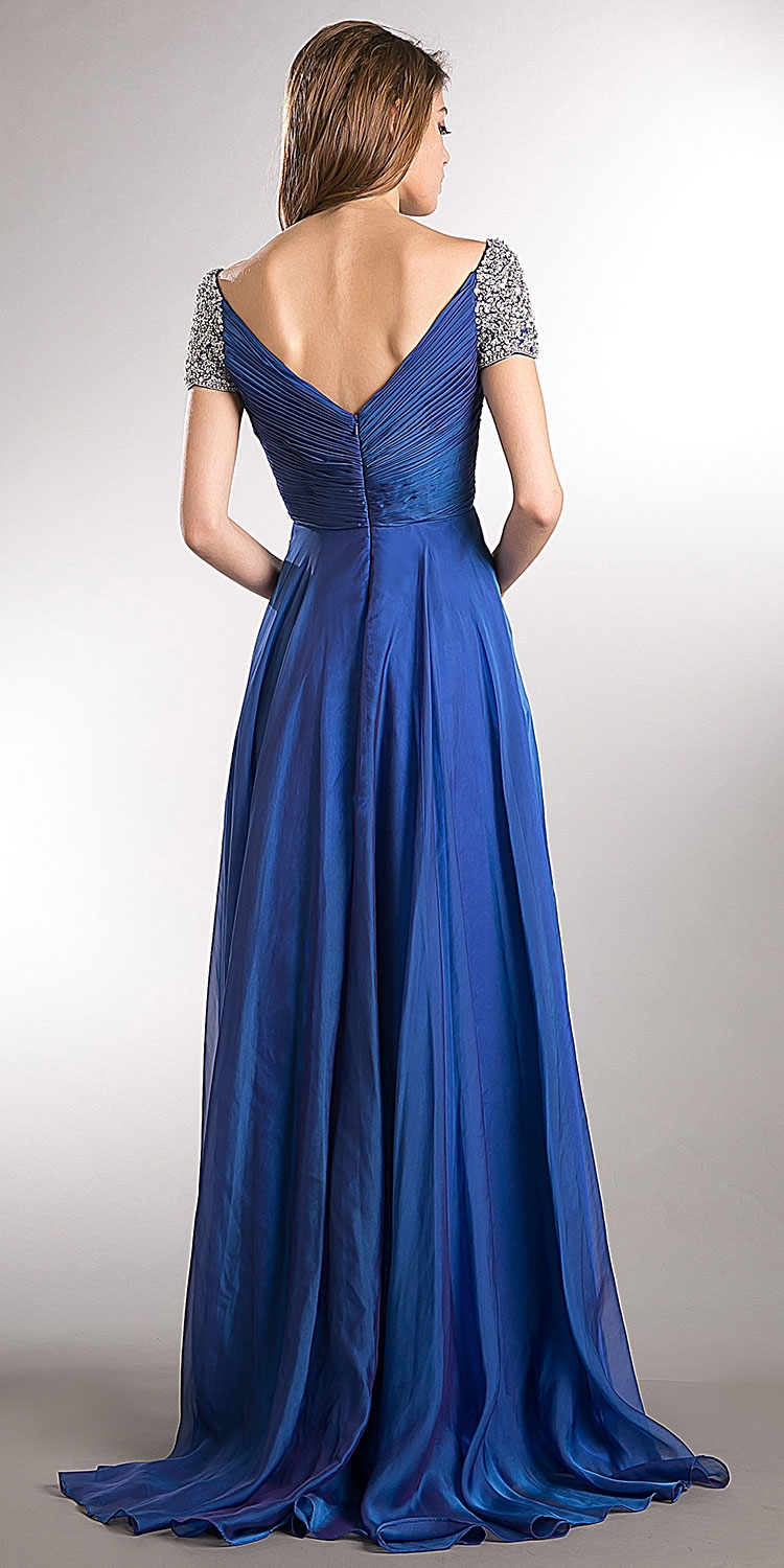 Bejeweled Sleeves Pleated Bust Long Formal Evening Dress — back