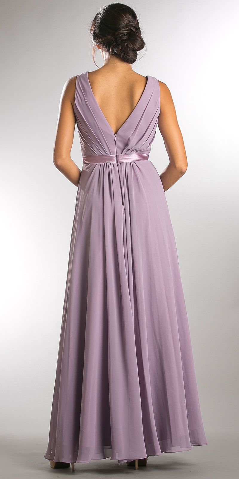 V-neck Sleeveless Ruched Bodice Long Bridesmaid Dress — back in Lavender