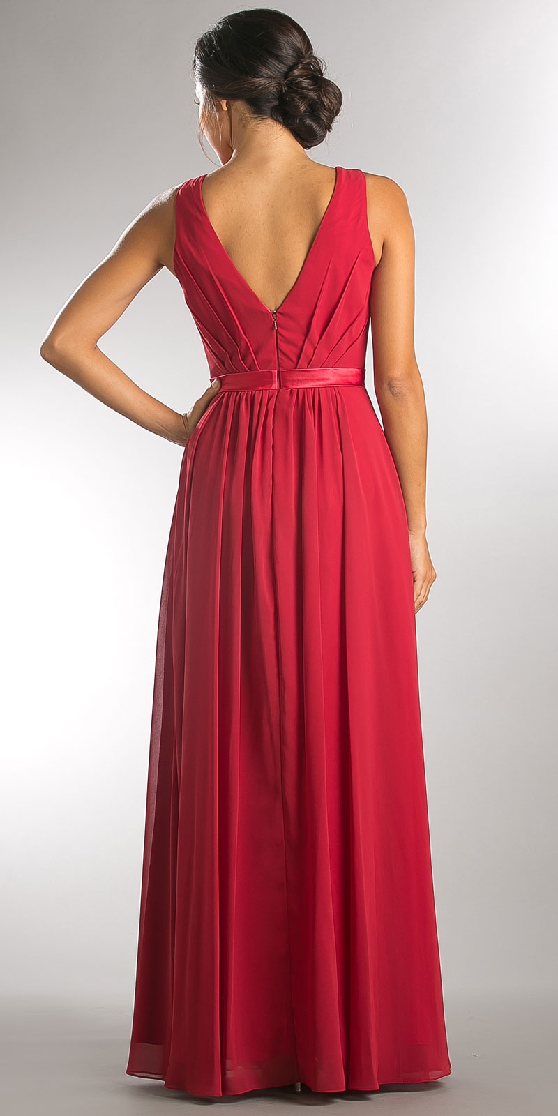 V-neck Sleeveless Ruched Bodice Long Bridesmaid Dress — back