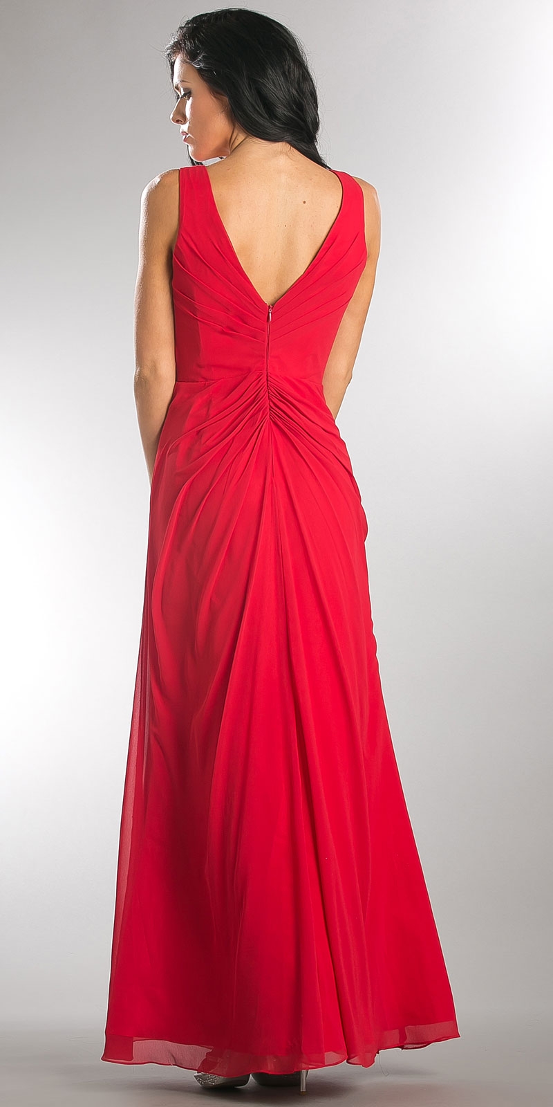 V-Neck Ruched Twist Knot Bust Long Bridesmaid Dress — back in Red