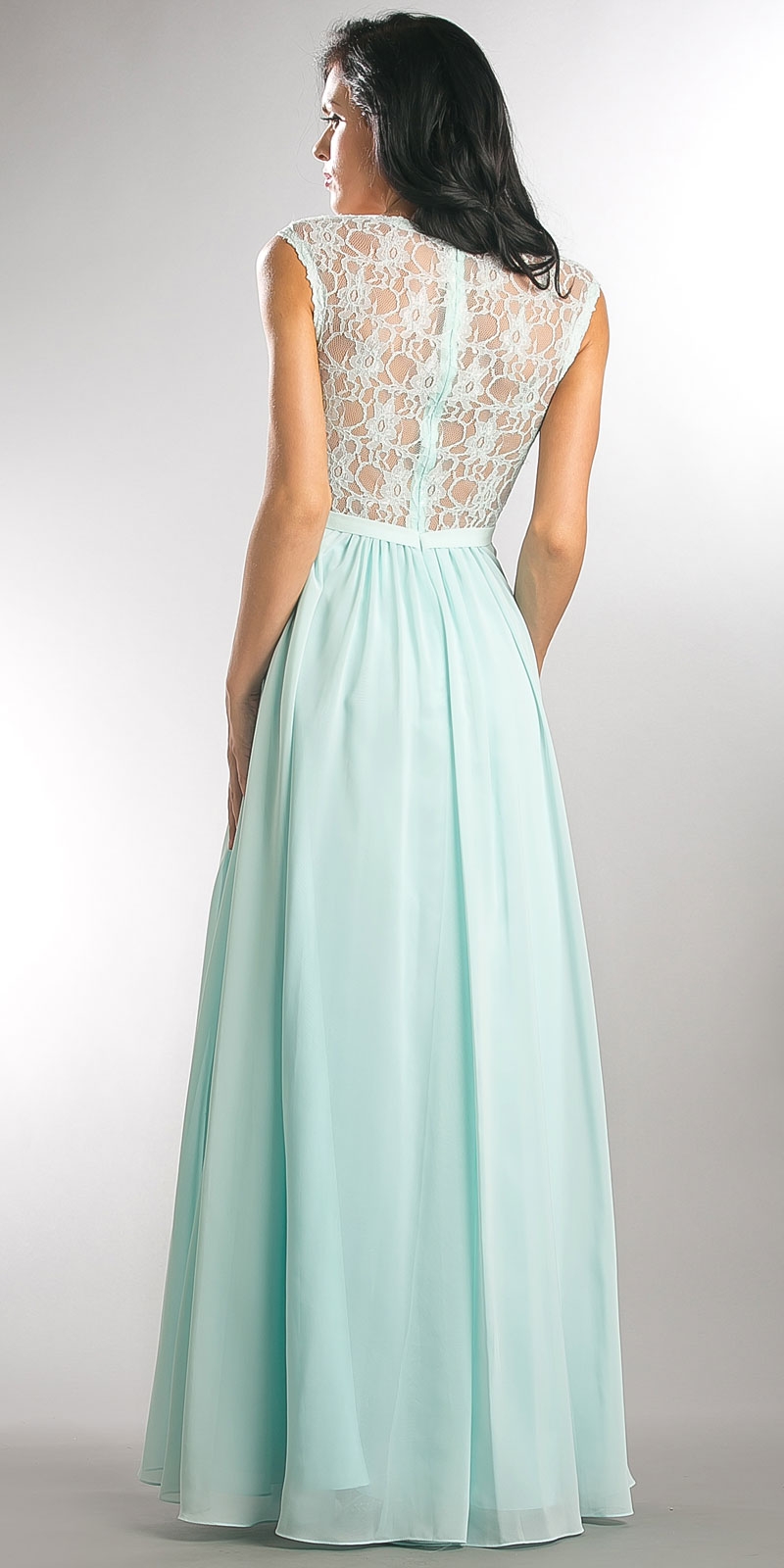 V-Neck Lace Top Empire Cut Long Bridesmaid Dress — back in Aqua