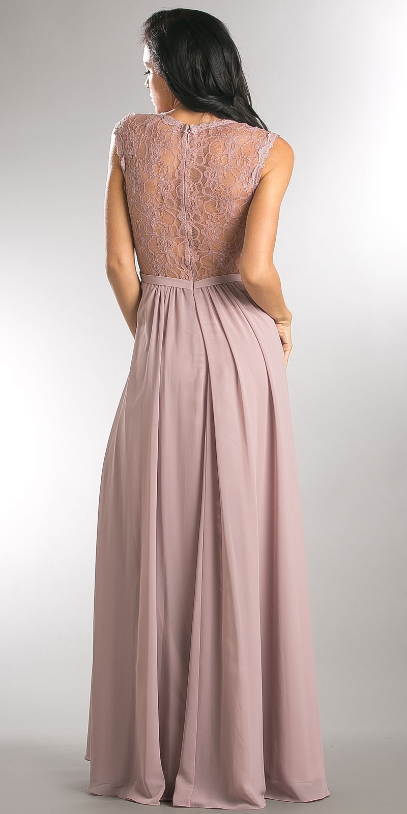 V-Neck Lace Top Empire Cut Long Bridesmaid Dress — back