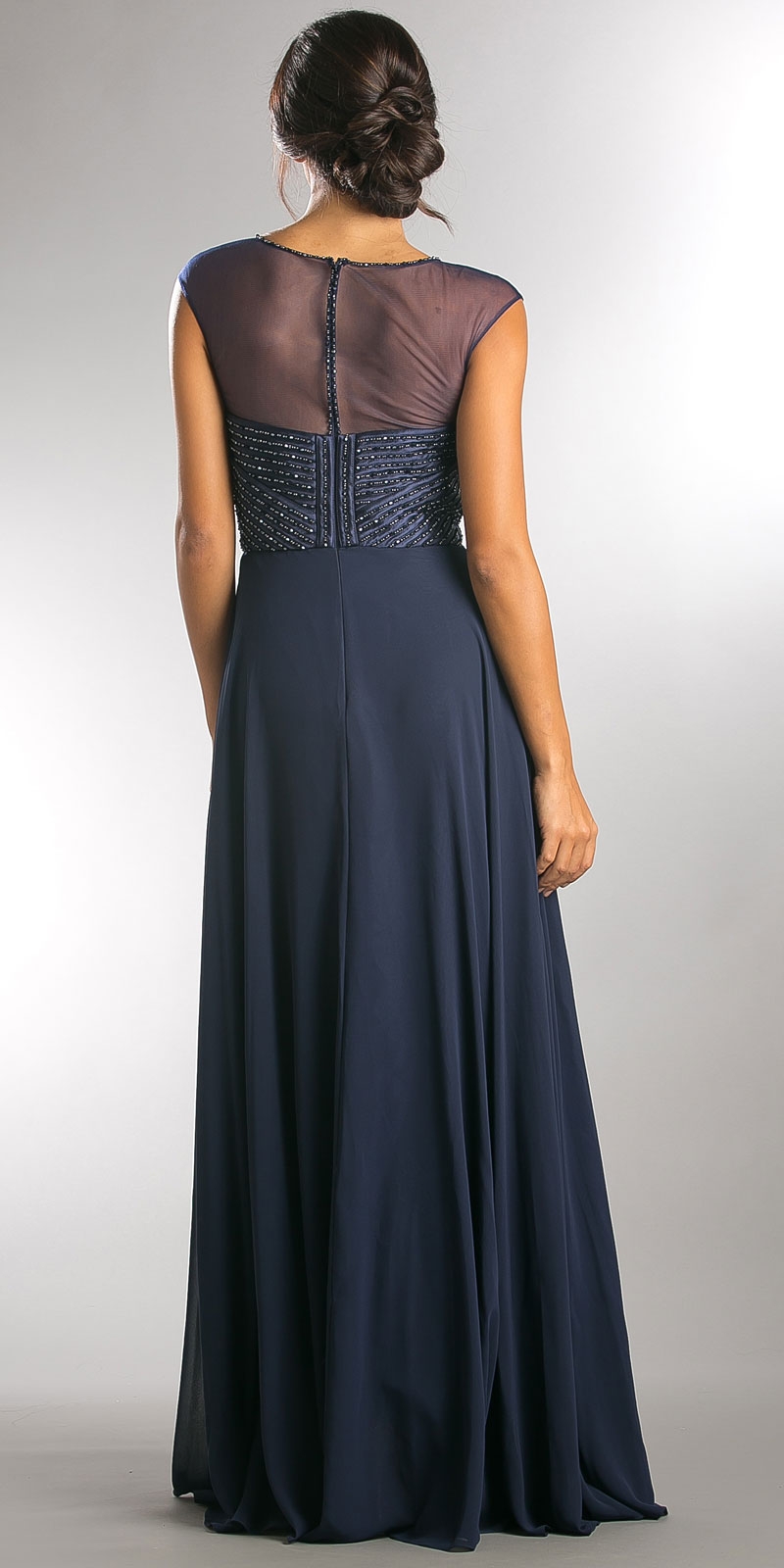 Sheer Neck Beaded Bust Long Formal Evening Dress. — back