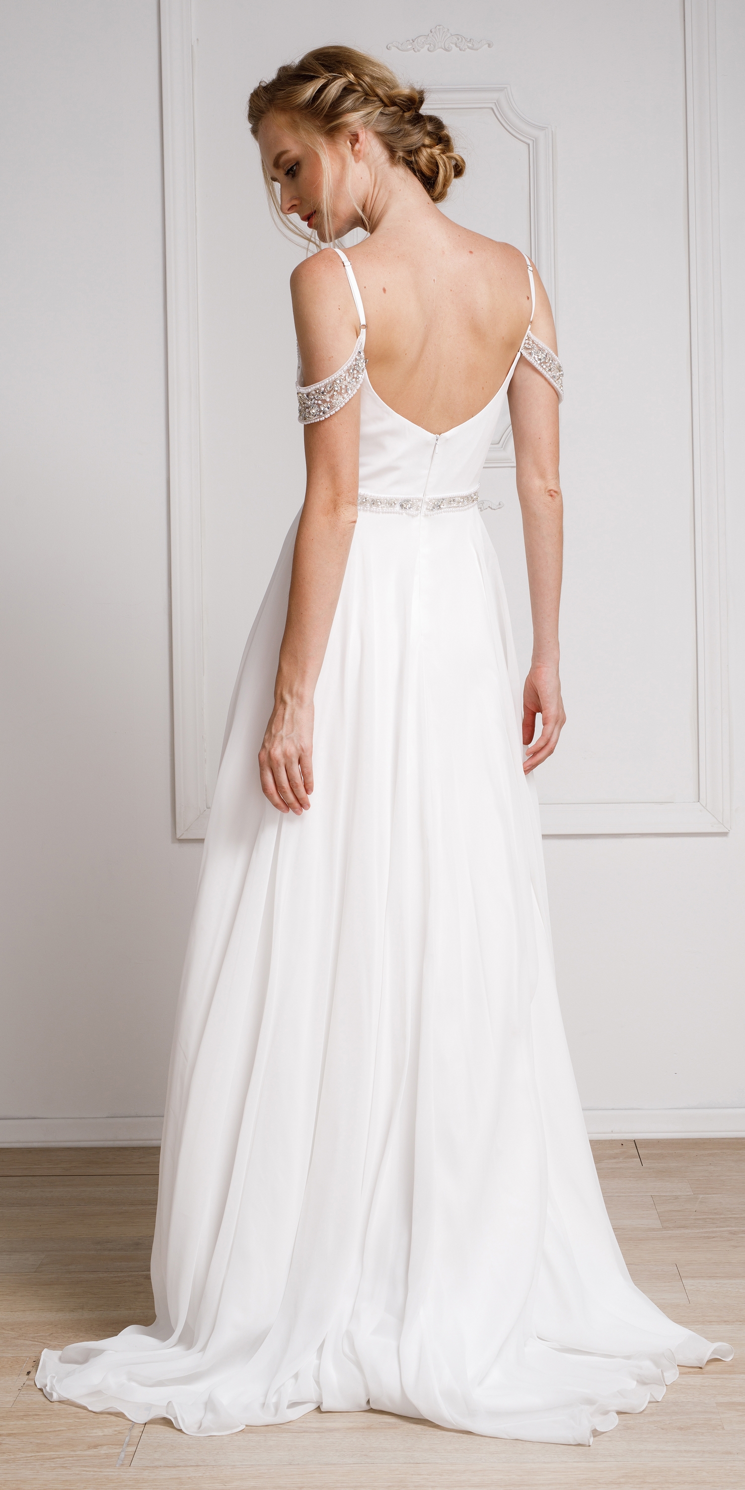Rhinestone Accented Drop Sleeve Formal Gown — back