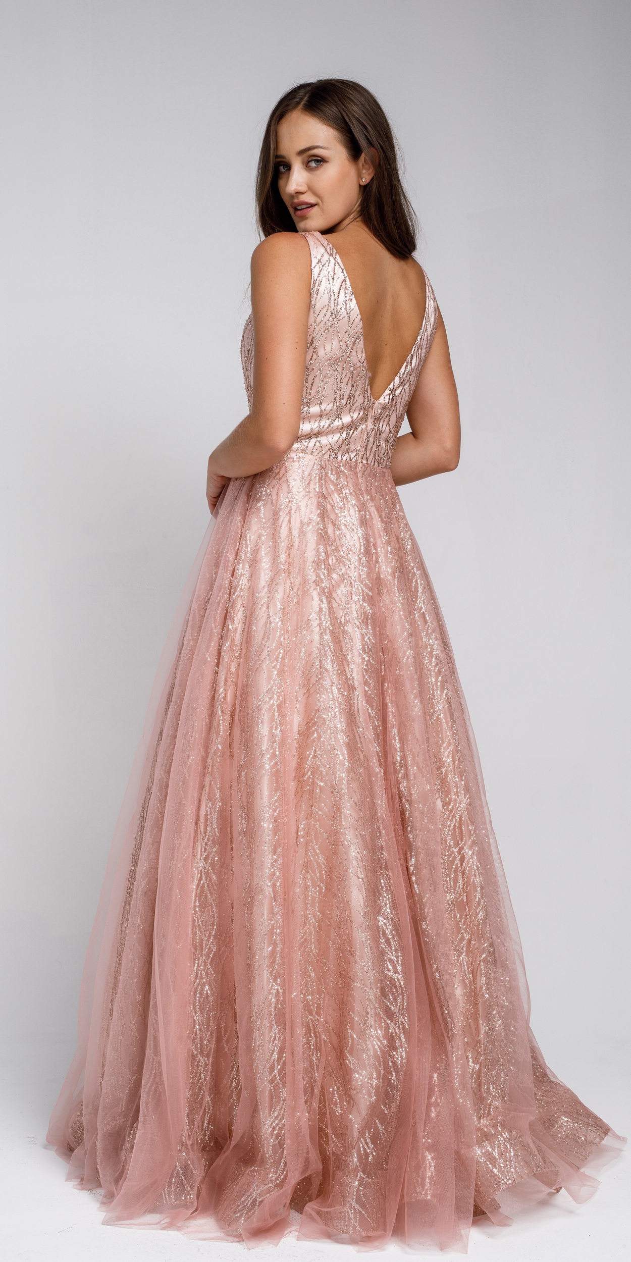 V Neck Vines Pattern Tulle Prom Gown — back