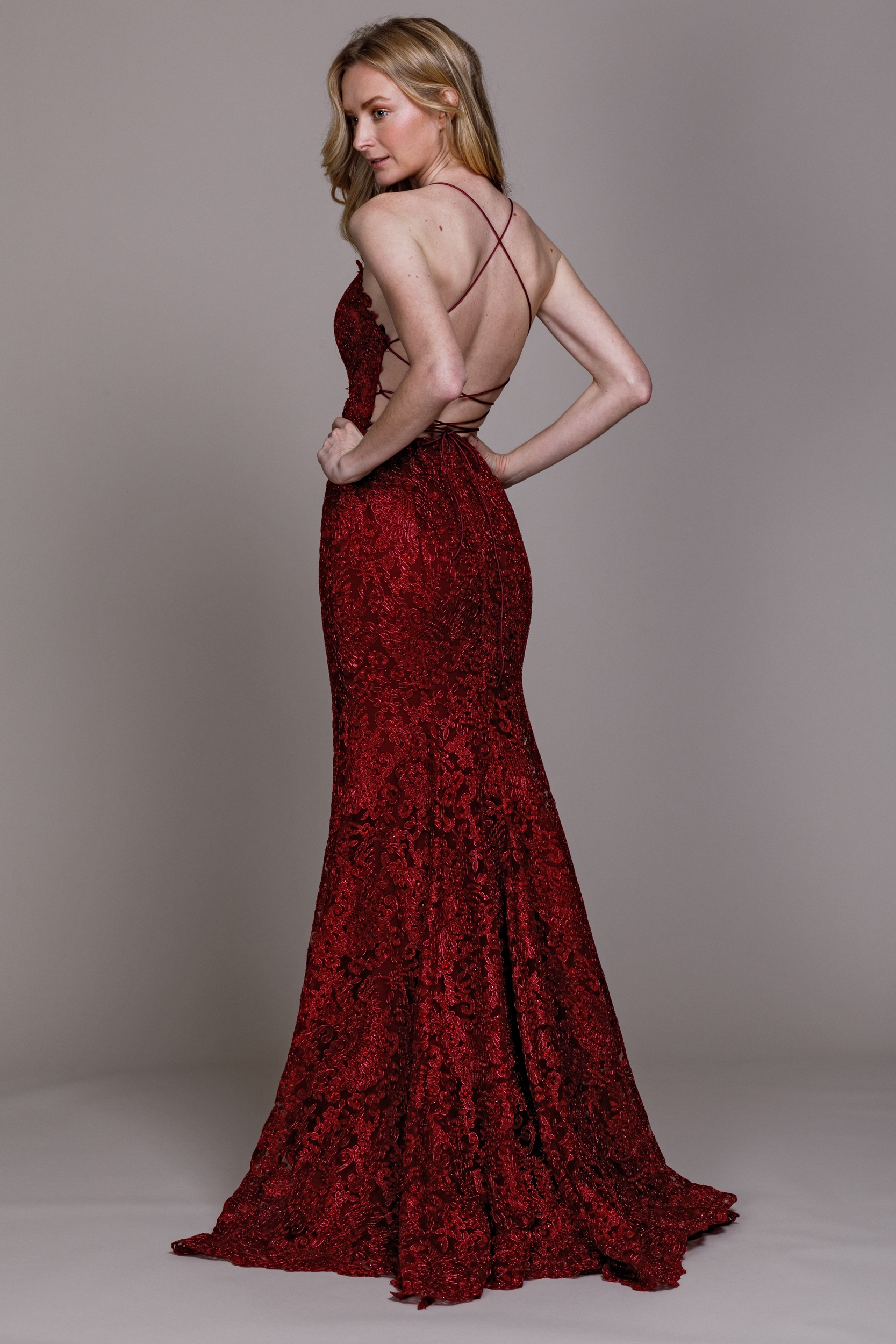 Embroidered Criss-Cross Back Fitted Prom Gown — back in Burgundy