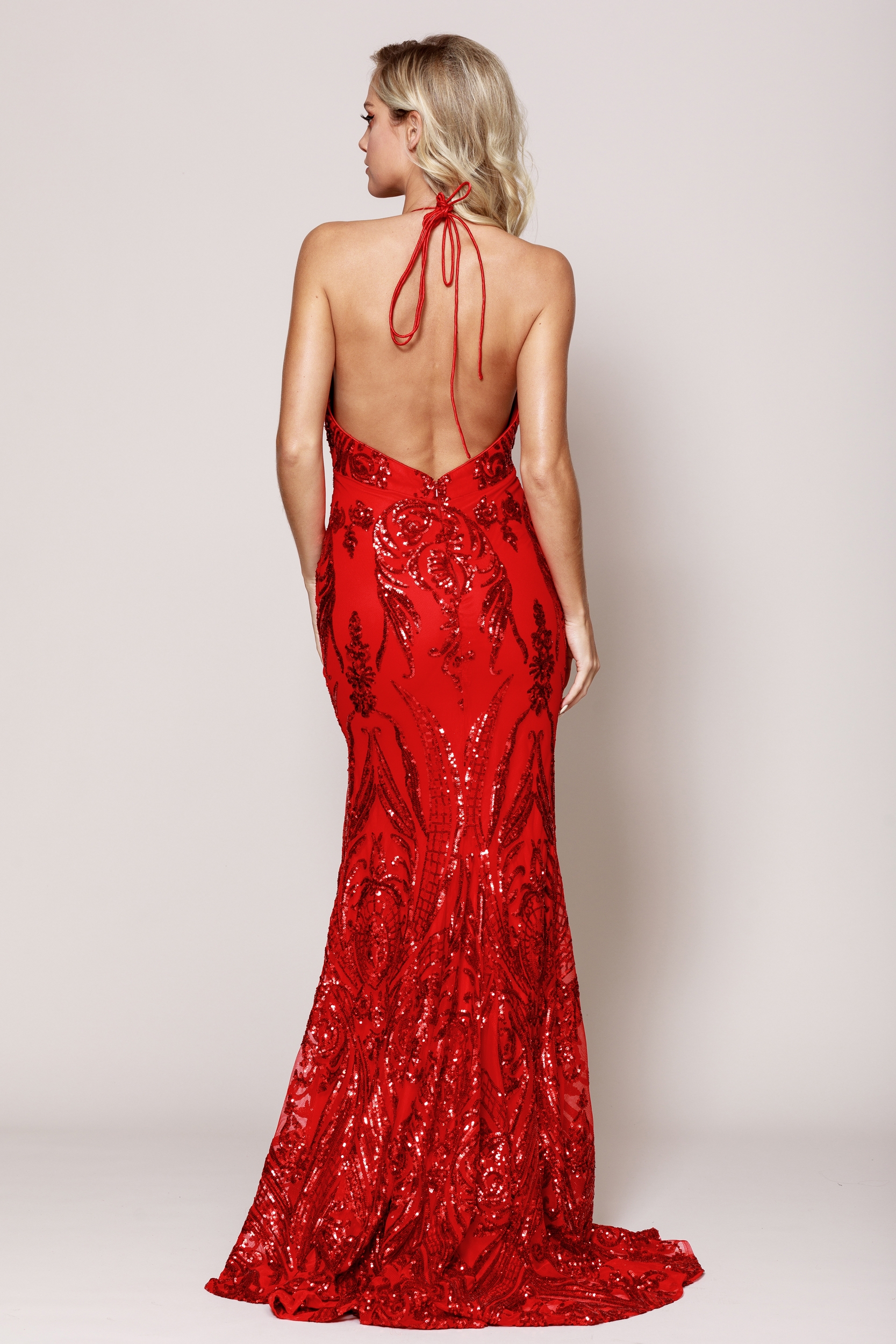 Halter Neck High Slit Prom Gown — back in Red