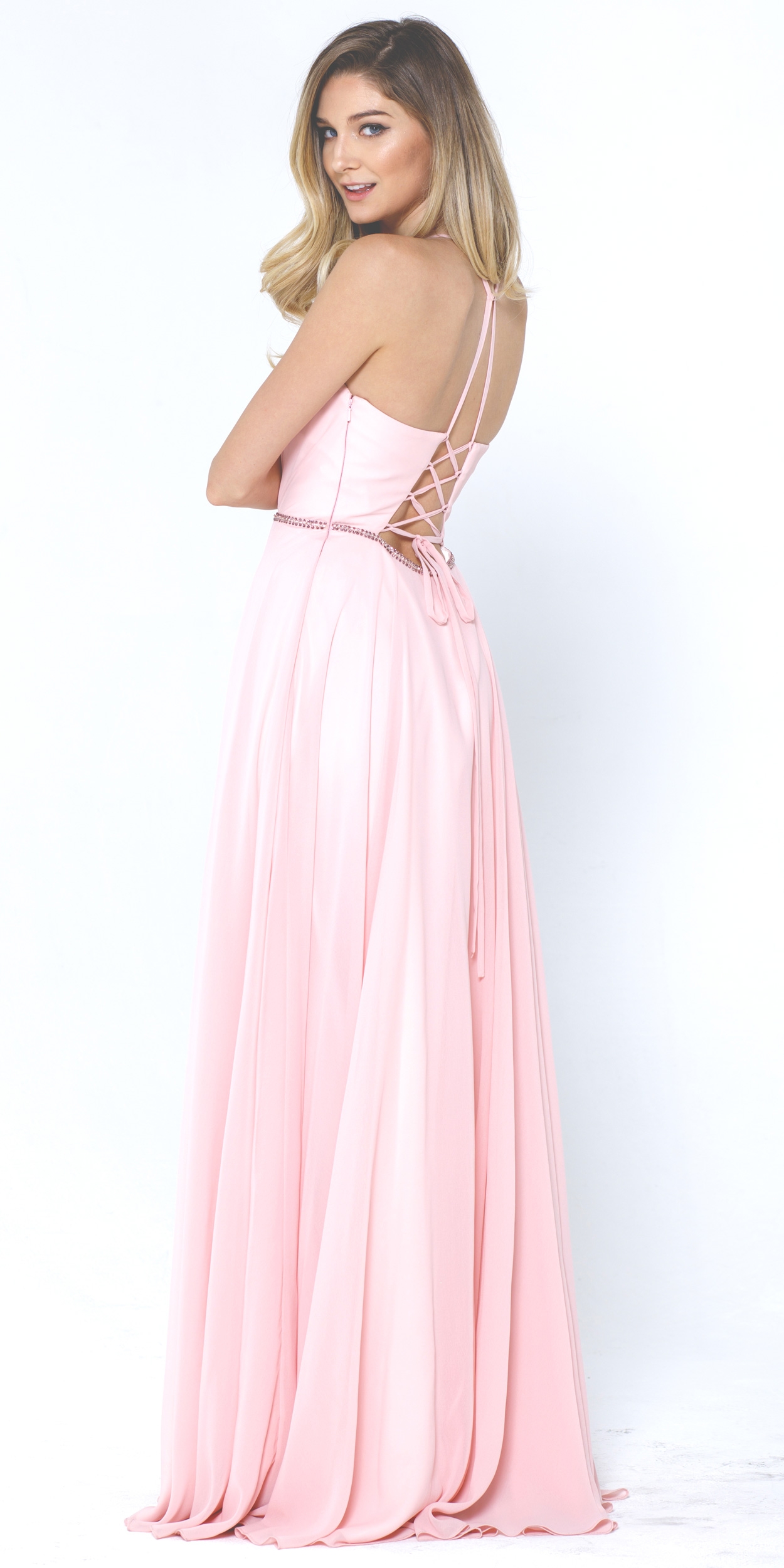 V-Neck Rhinestones Belt Front Slit Long Bridesmaid Dress — back
